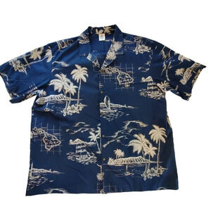 Royal Creations Men’s Hawaiian Shirt Blue Hawaii Islands Boat Palm Beach USA XXL